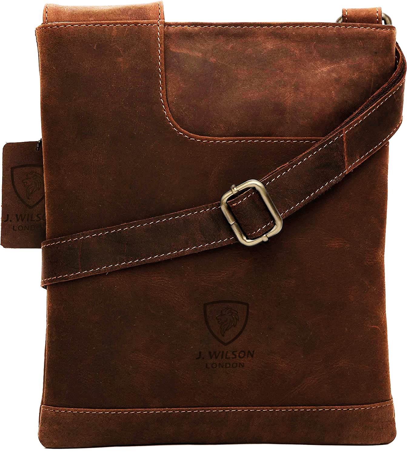 J. Wilson London 100% Pure Genuine Real Vintage Hunter Handmade Mens Women Leather Everyday Cross-Body Shoulder Work Messenger Bag (Distressed Reddish Brown)