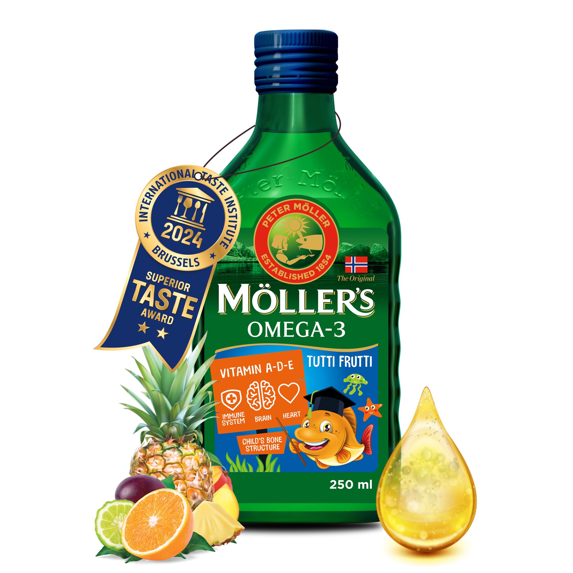 Moller’s ® | Omega 3 for kids Cod Liver Oil | Nordic Omega-3 Dietary Supplements with EPA, DHA, Vitamin A, D & E | Pure, Natural cod Liver Oil Liquid | 166-year-old-brand | Tutti Frutti Taste | 250 ml