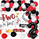 Two Fast Two Curious Birthday Decorations Boy, Racing Car 2nd Birthday Decor Two Fast 2 Curious Backdrop Red Black Race Flag Wheel Tire Balloon Garland Arch Kit for Kids 2nd Birthday Party Supplies
