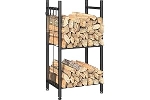 NANANARDOSO Firewood Rack Holder, Fire Wood Log Storage Stand with Kindling Holder for Indoor Fireplace, Outdoor Patio Fire Pit Stove, Fireplace Tools, Fire Wood Racks with 4 Hanging Hooks
