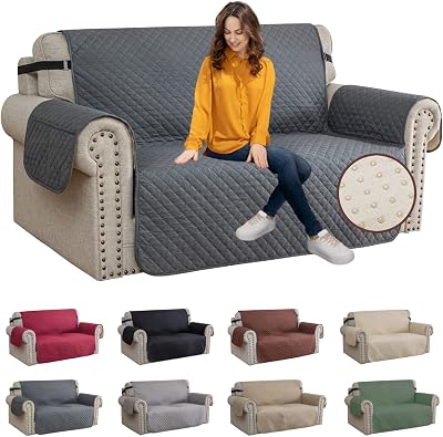 XINEAGE Quilted 2 Seater Sofa Cover Dark Grey with Pockets