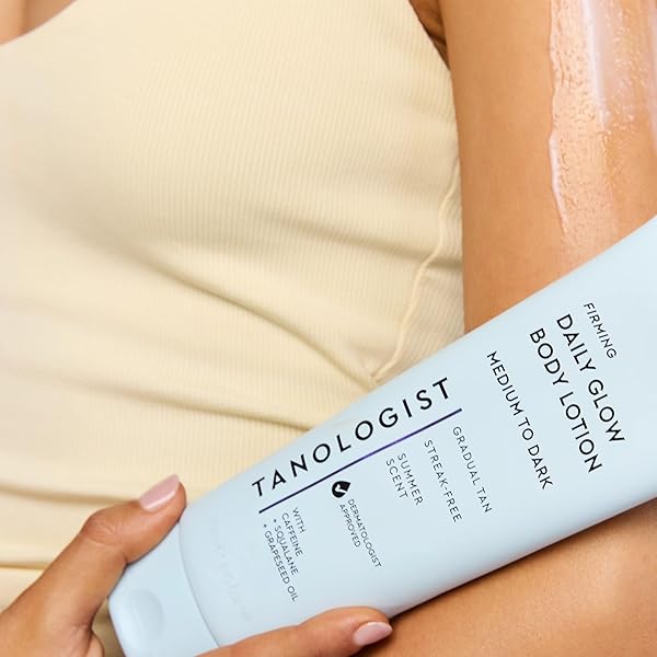 TANOLOGIST FIRMING DAILY GLOW BODY LOTION- MEDIUM/DARK, FAST-DEVELOPING, TRANSFER-PROOF GRADUAL SELF TANNER, SUMMER SCENT, NATURAL NOT ORANGE, LASTS 7 DAYS, VEGAN FORMULA, 8.45 FL OZ