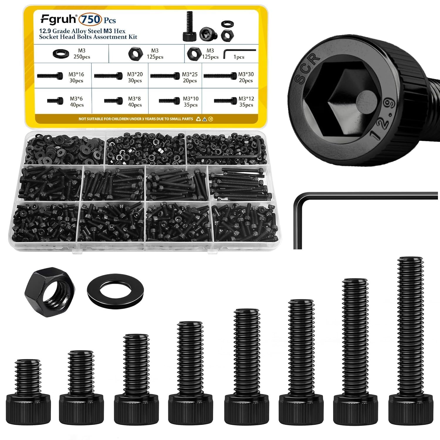 Photo 1 of Fgruh 750PCS M3 Screws Assortment Kit, M3x6/8/10/12/16/20/25/30 mm Hex Socket Head Bolts, Nuts & Washers Assorted Set - 12.9 Alloy Steel Black Zinc Plated M3 Screw for 3D Printer,DIY