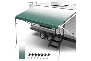 Fonzier 18oz RV Awning Fabric Replacement, Heavy Duty Vinyl, with Awning Tie Down Kits & 7 Awning Hooks & Pull Strap for Trailer Camper Awning- 13'(Fabric 12'2"), Green Fade