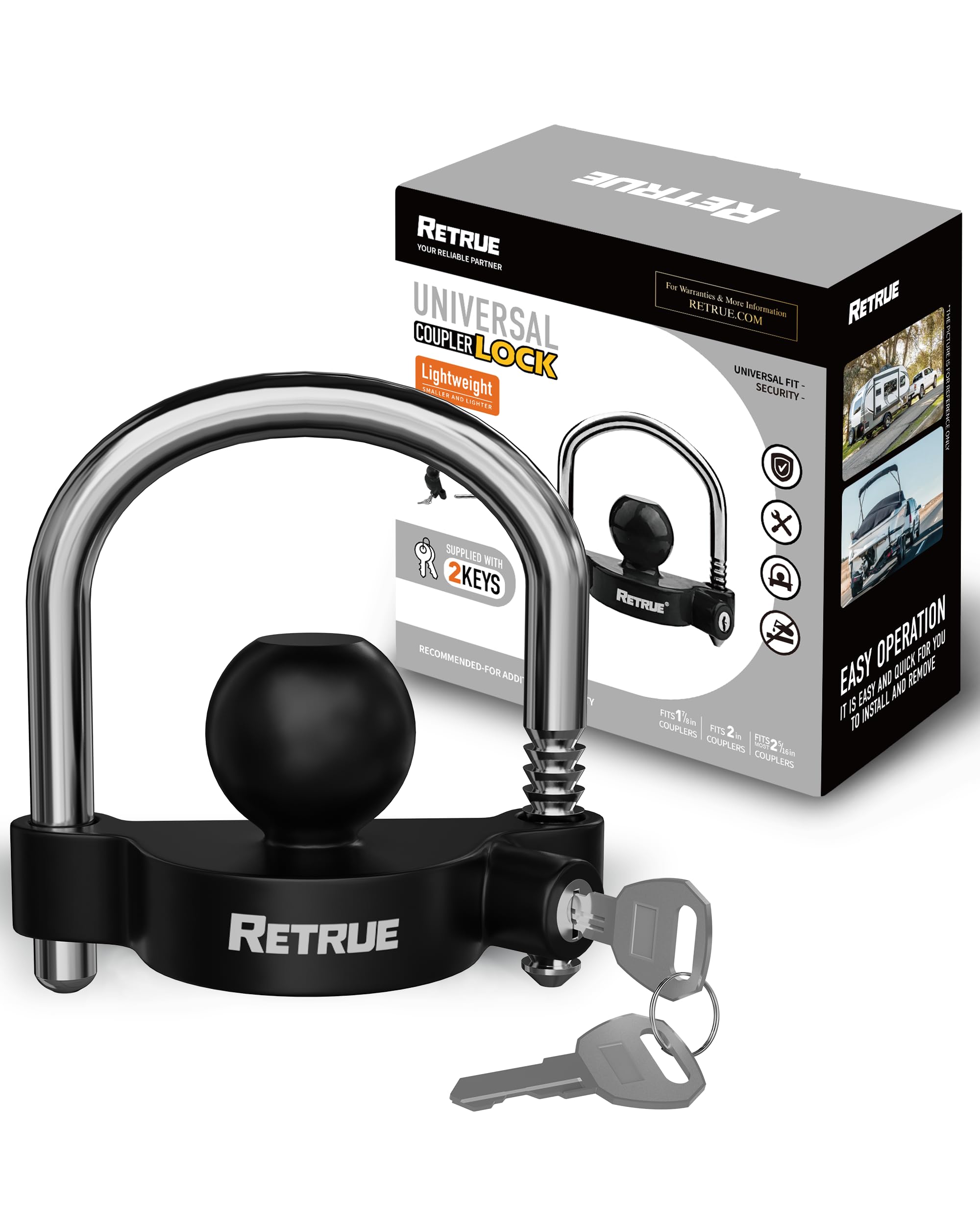 RETRUE Universal Trailer Coupler Lock, Heavy-Duty Hitch Ball Lock, Black