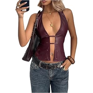 BEAUDRM Y2K Women's Faux Leather Halter Neck Sleeveless Cutout Party Rave Going Out Clubwear Top