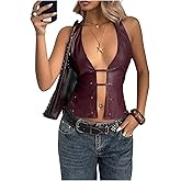 BEAUDRM Women's Y2K Faux Leather Halter Tops Sexy Open Back Top Backless Sleeveless Cut Out Party Rave Going Out Clubwear