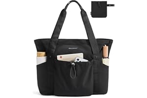 BAGSMART Foldable Tote Bag with Drawstring Bag, Large Tote Bag Shoulder Bag Top Handle Handbag for Travel, Work, Beach, Gym