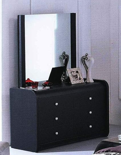 Artikle Leather Black 6 Drawer Leather Dresser of Chest wth Mirror