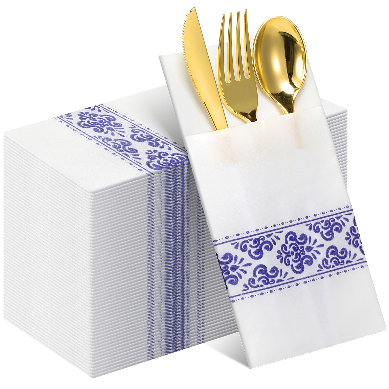 Photo 1 of Qilery 100 Pack White Pocket Napkins Blue Floral Disposable Airlaid Paper Napkins with Built-in Flatware Pocket for Dinner and Wedding