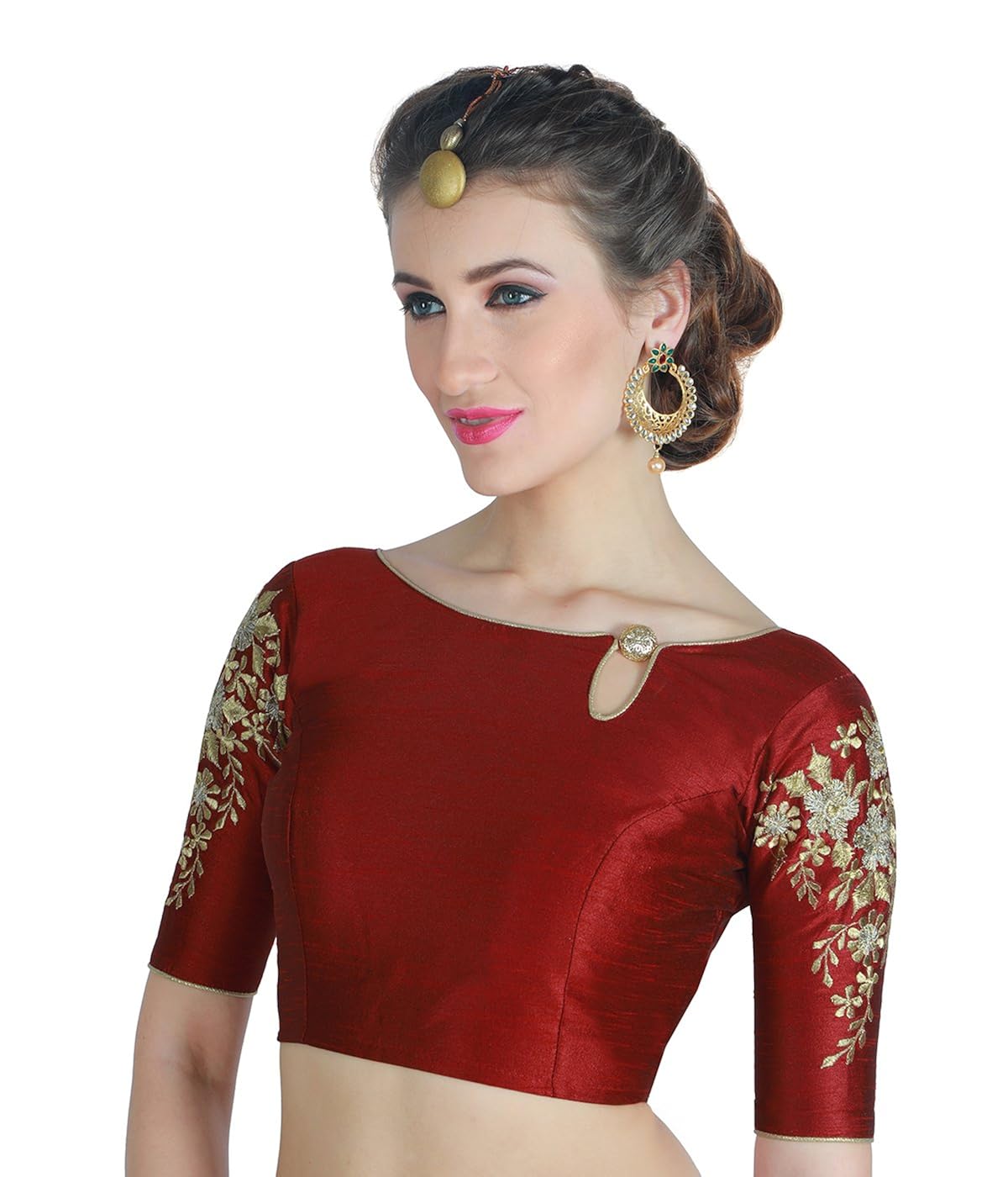 studio shringaar women's poly raw silk maroon readymade saree blouse with sleeves embroidery