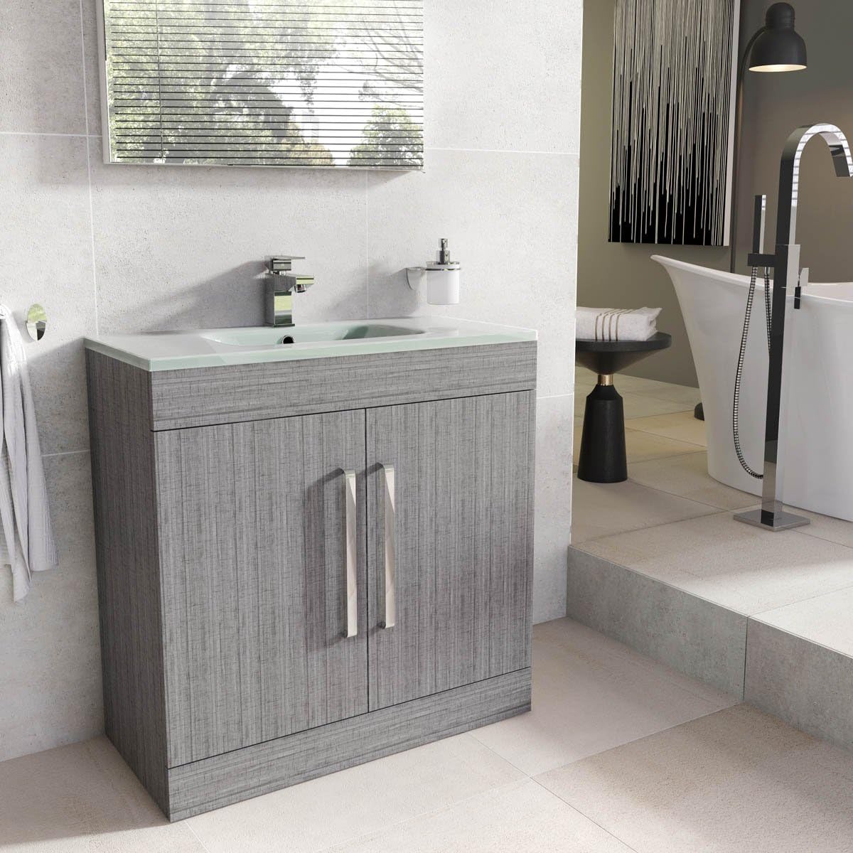 The Bath People Newton Grey Oak Vanity Unit - Bathroom Cabinets - FS 800mm Vanity Unit - Glass Basin