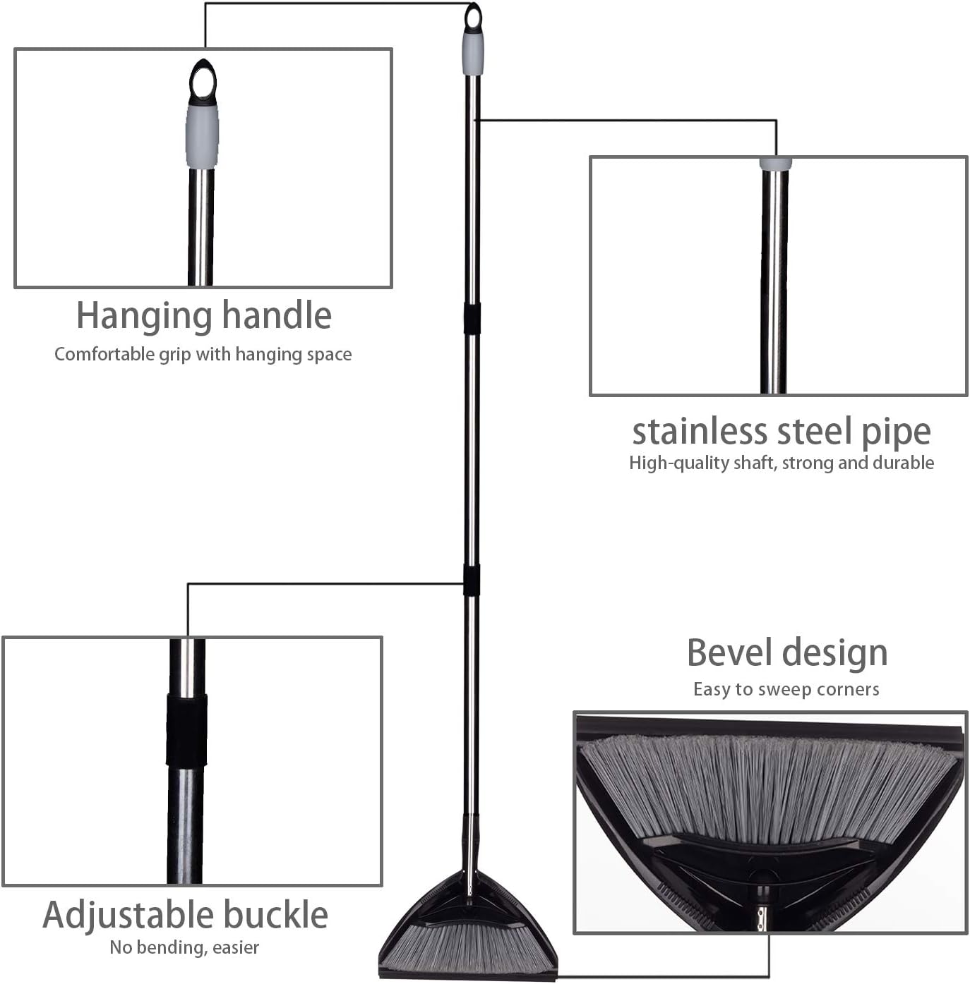 Jiaxin Angle Broom and Dustpan Set, Broom with 43” Long Adjustable Handle, Handy Clip-on Dustpan, Easy Sweeping for Home Kitchen Office Floor, 2 Pack: Home & Kitchen