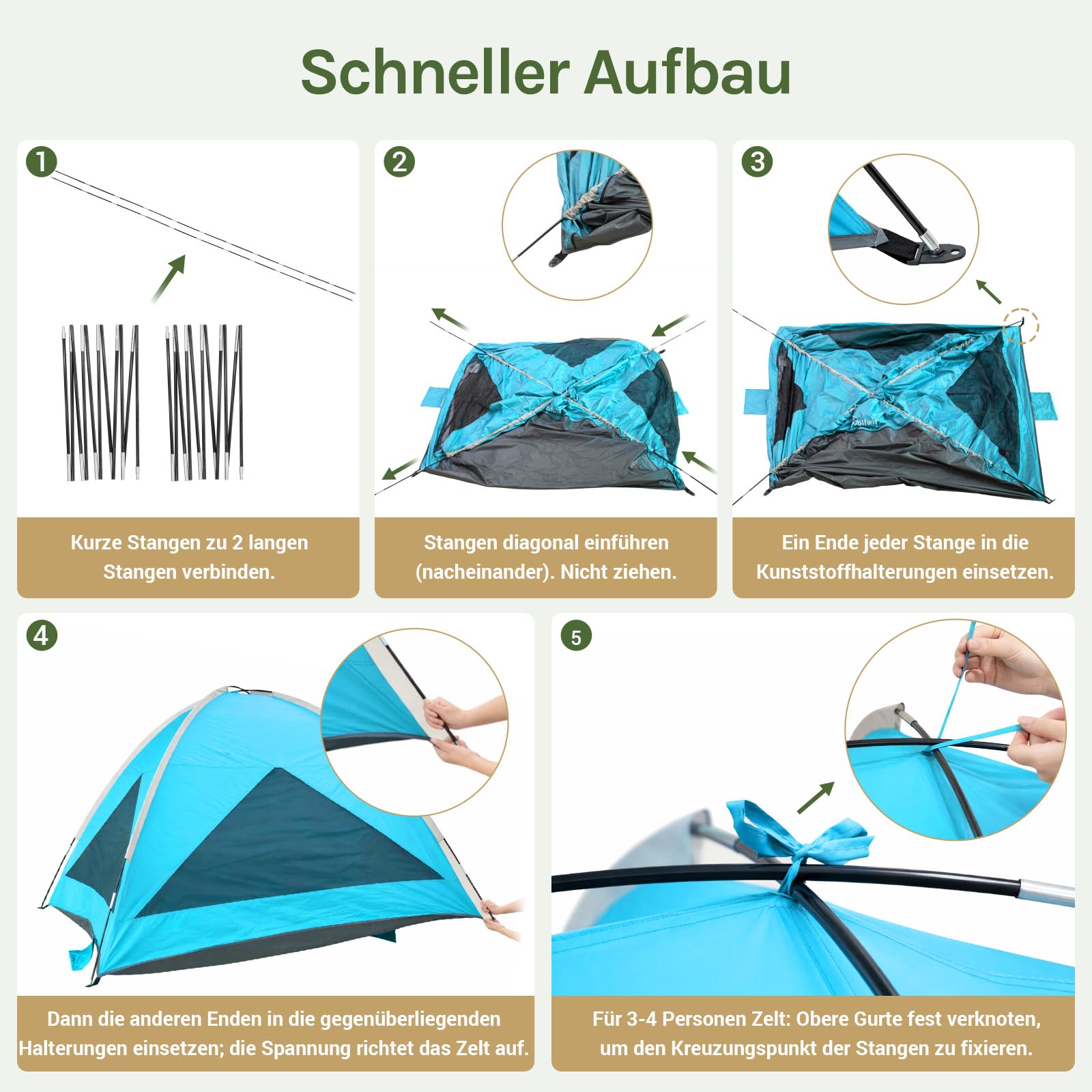 Wolfwise Strandmuschel UV Schutz, 3 Belüftungsfenster & Tragetasche, Strand Zelt mit erweiterbarem Boden für Privatsphäre, 4 Personen, 240x165x140cm(95 ''x65''x55''), Blau 9