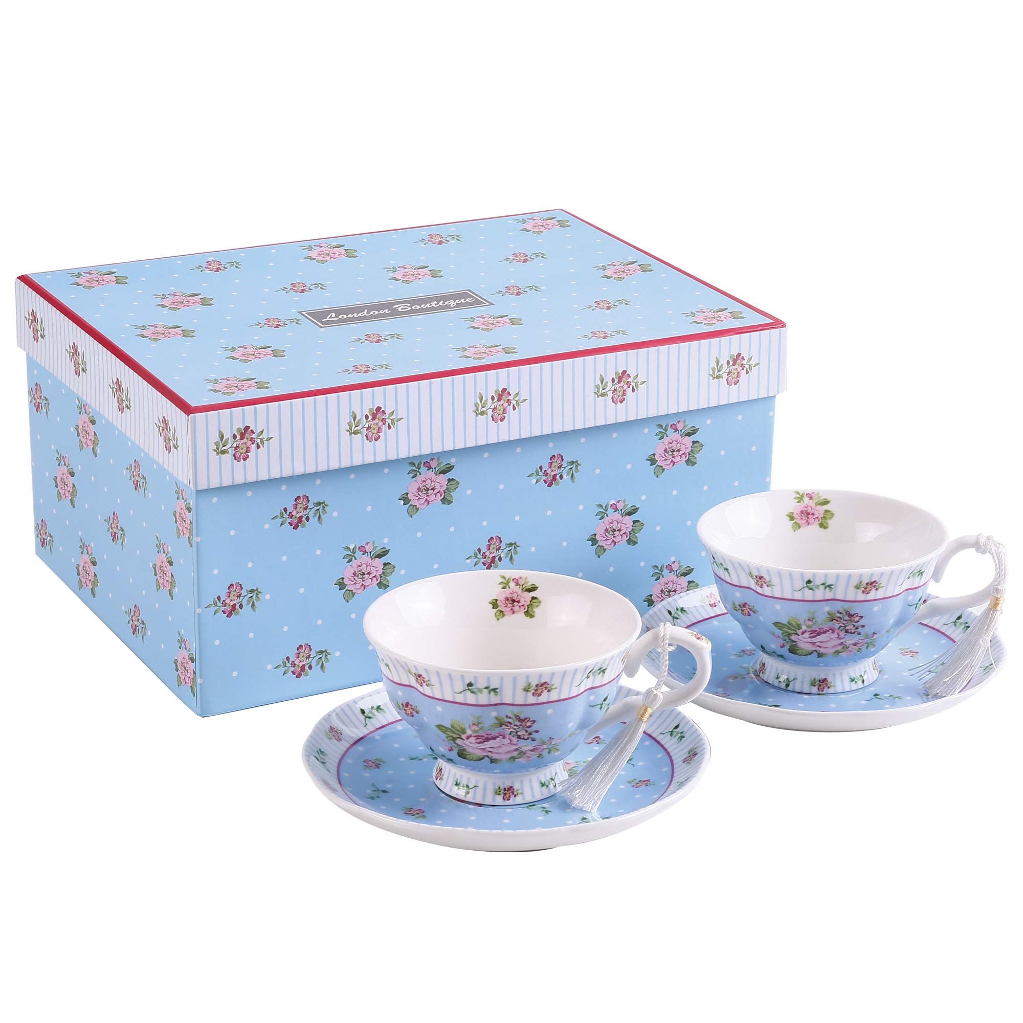 London Boutique Tea Cup and Saucer Set Afternoon Tea Set New Bone China Vintage Flora Rose Porcelain Gift Box(Rose Blue set 2)