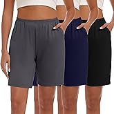 Neer 3 Pack Women's Shorts Casual Elastic High Waisted Knee Length Summer Lounge Bermuda Shorts with Pockets