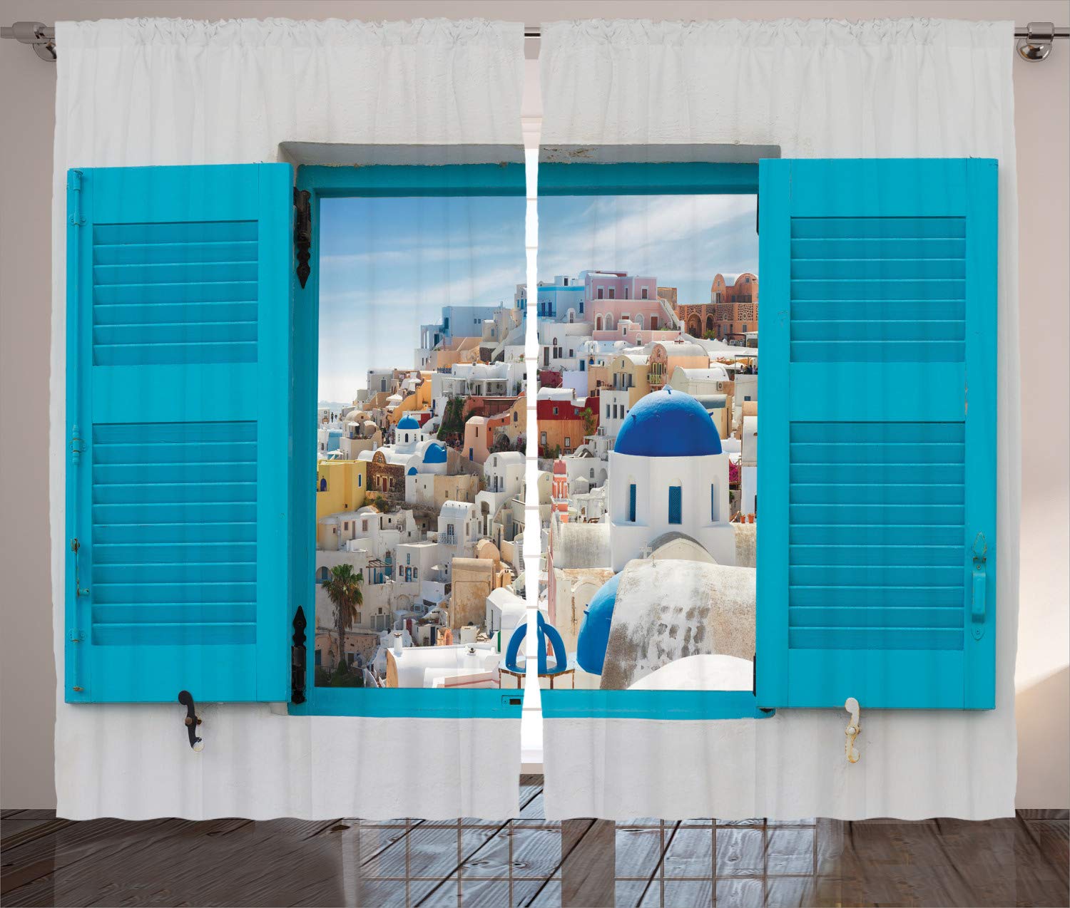 ABAKUHAUS European Curtains, Old Shutters of Window View Traditional Greek Village Heritage Culture, Living Room Bedroom Window Drapes 2 Panel Set, 280 x 175 cm, Azure blue
