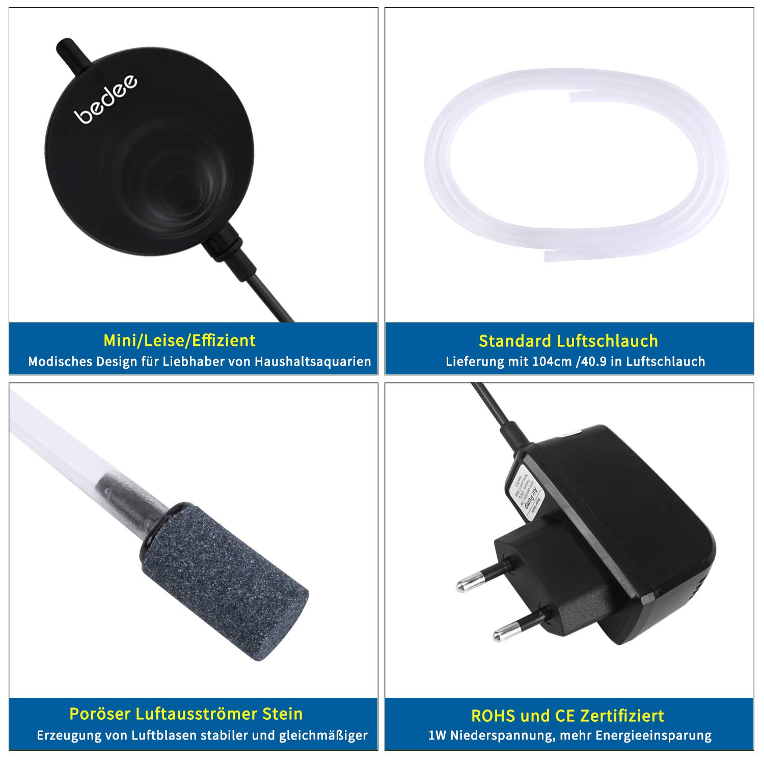 bedee Aquarium Luftpumpe Pumpe Sauerstoffpumpe Mini Oxygen Luftpumpe Aquarium Super Leise Sauerstoff für Aquarium mit Rückschlagventil Schwarz Luftpumpenzubehör Super Leise Luftpumpen