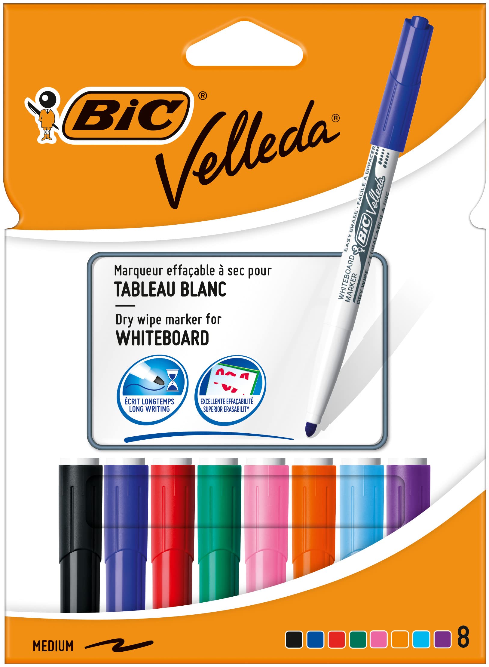 BIC Velleda, Whiteboard Marker Pens, Medium Point, Assorted Colours in Durable Pouch, Pack of 8 Markers