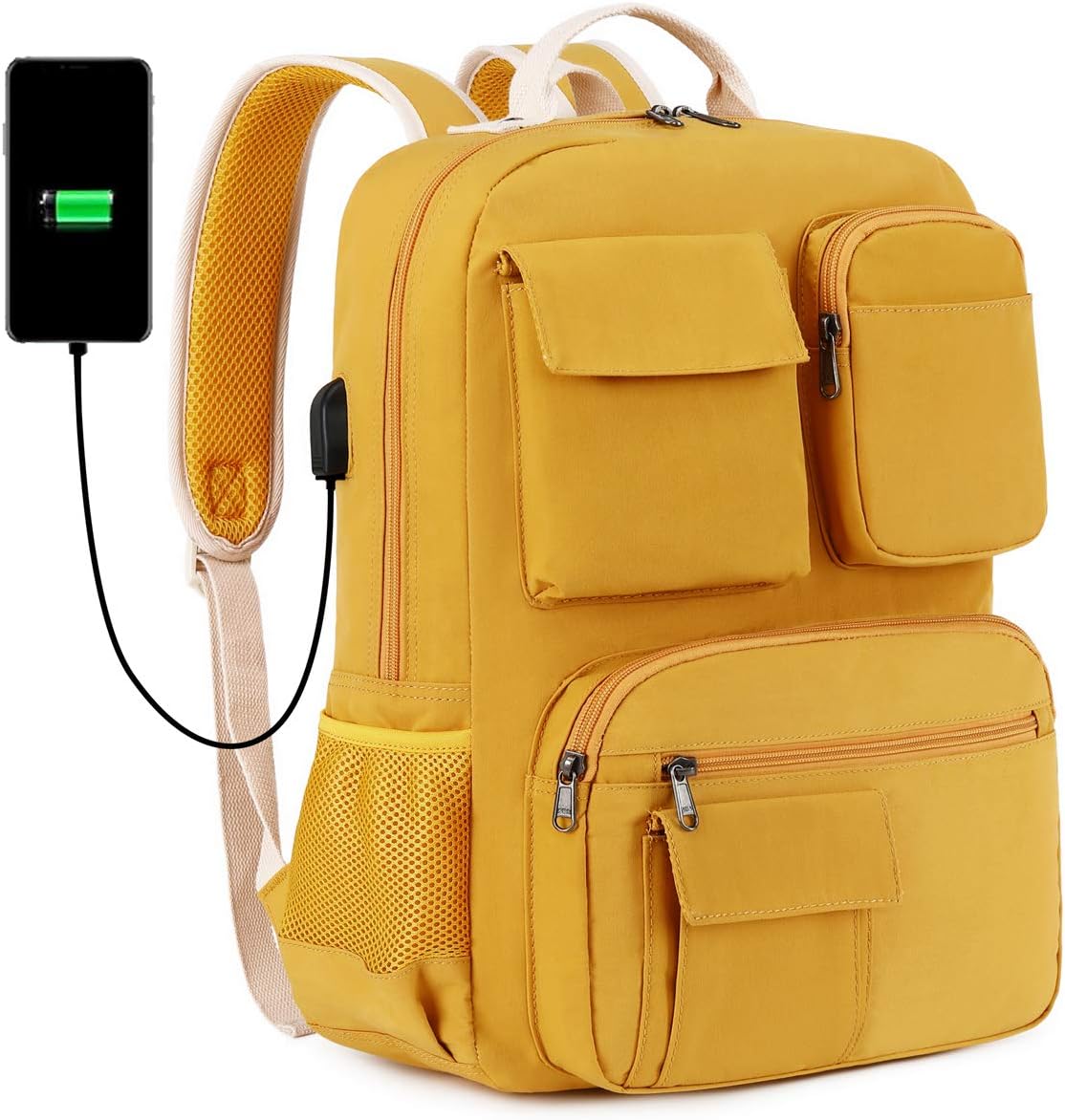 School Backpack Vintage Canvas Laptop Backpacks with USB Charging Port Women Rucksack Bookbags (Yellow - 8678)