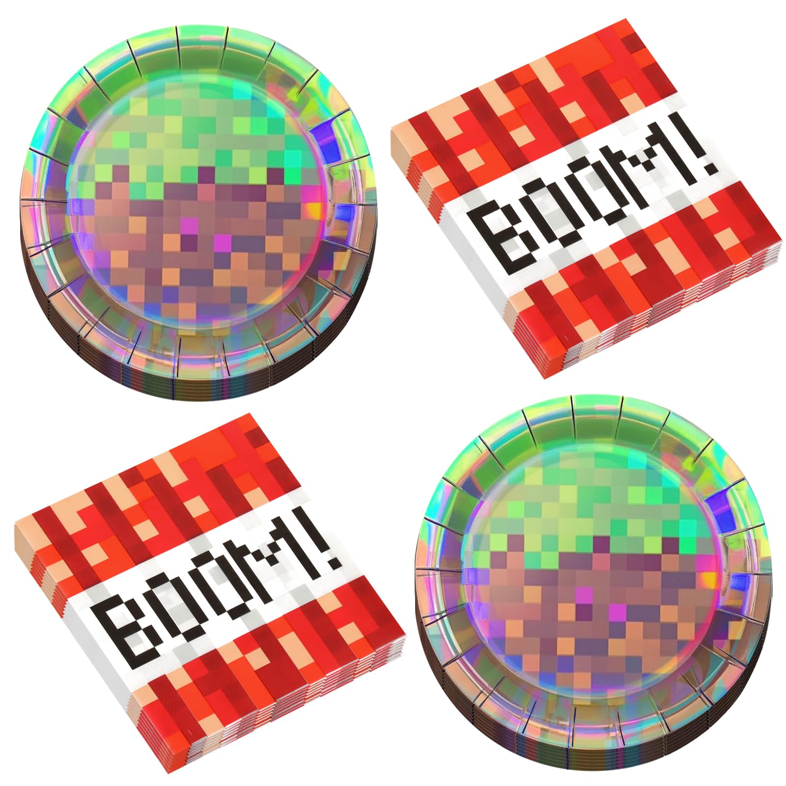 Photo 1 of 50Pcs Iridescent Pixel Party Plates and Napkins Set Video Game Disposable Tableware Set Pixel Dessert Plates Gaming Party Supplies Birthday Decorations for Kids Baby Shower Teen Gamer Serve 25