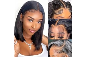 BANGS ON TARGET Bob Wig Human Hair, 13x4 HD Lace Front Wigs, 12Inch Glueless Transparent Lace Frontal Bob Wigs, Pre Plucked with Baby Hair, 180% Density 12A Brazilian Short Bob Wig for Women (Natural Color)