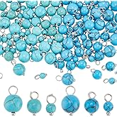 PH PandaHall 120PCS Turquoise Gemstone Drop Charm 6 Styles Dyed Synthetic Turquoise Round Charms Pendants with Brass Findings for DIY Necklace Jewelry Making, Platinum