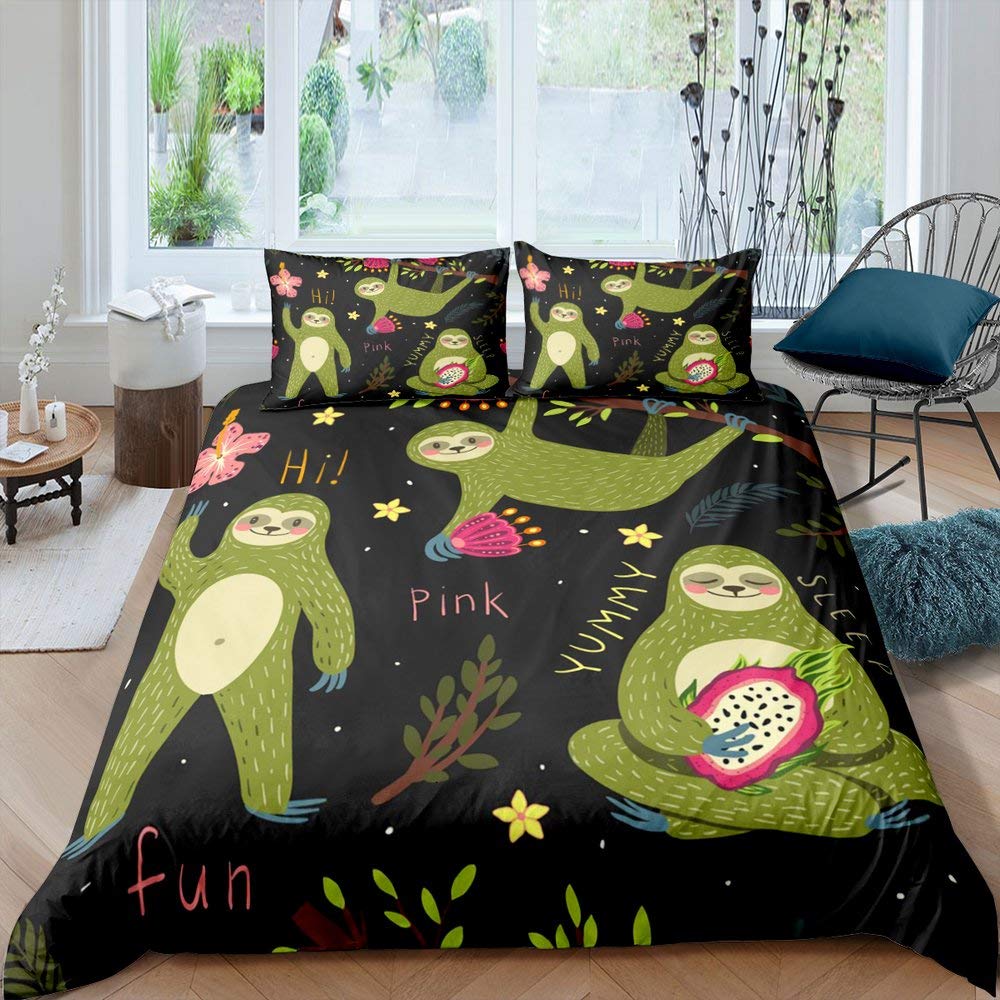 Green Cartoon Sloth Pattern Comforter Cover Set for Kids Girls Teens Black Color Duvet Cover Microfiber Quilt Cover Decor 2Pcs Bedding with 1 Pillowcase Single (No Comforter)