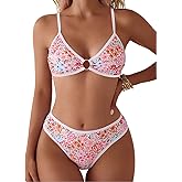 Tainehs Women Two Piece Bikini Sets O Ring Front Top Ditsy Floral Triangle Swimsuits Cheeky Bathing Suit