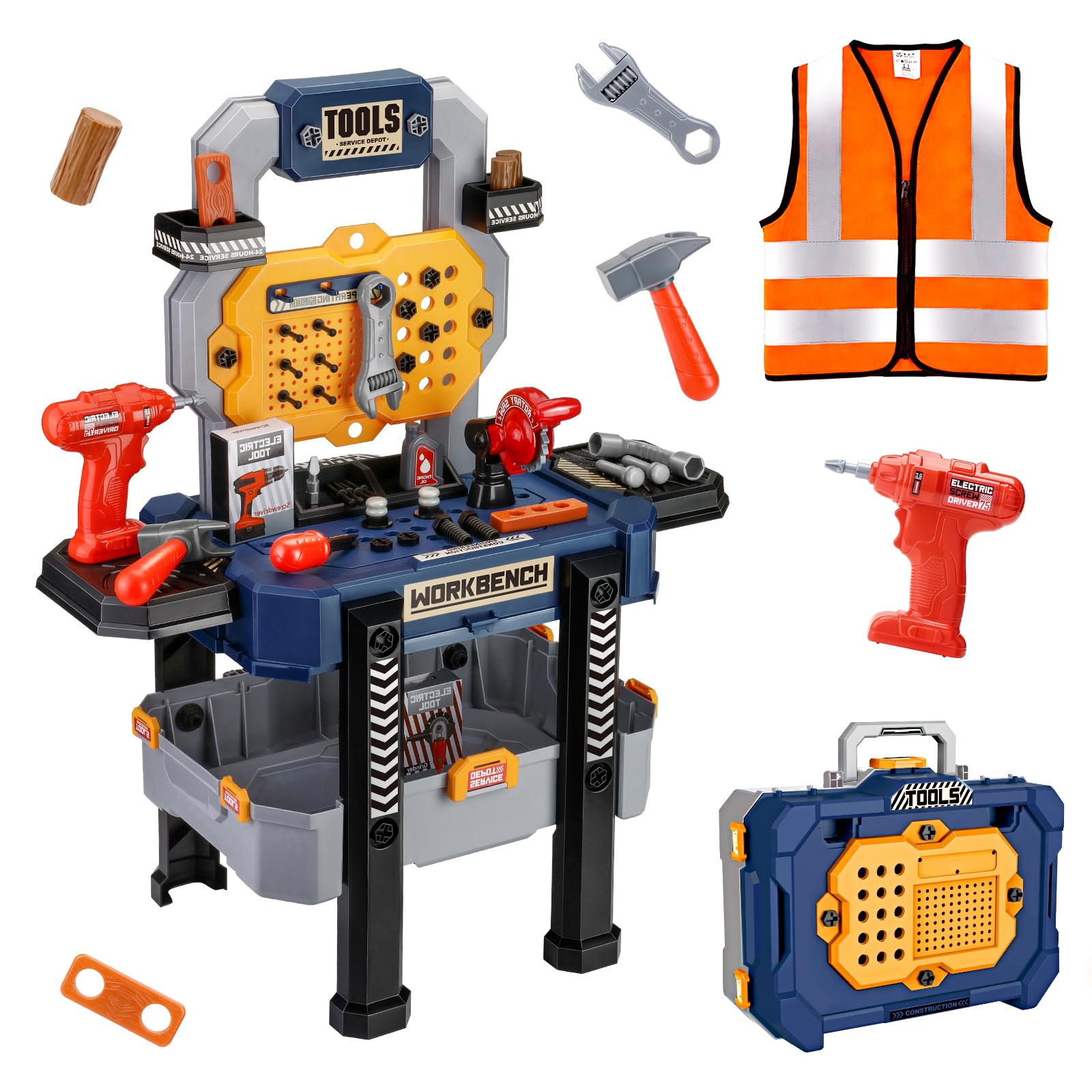 Photo 1 of Jovow Kids Tool Bench with Realistic Tools and Electric Drill, Suitable for 3-5 Year Olds to Build Their Own Toy Workbench, 79 Pcs Realistic Toy Tools with Clothes, 32 x 26.6 x 14.4 in-Blue