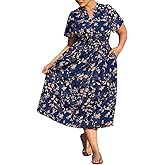 RITERA Plus Size Dresses for Curvy Women Floral V Neck Short Sleeve Party Midi Dress with Pockets XL-5XL