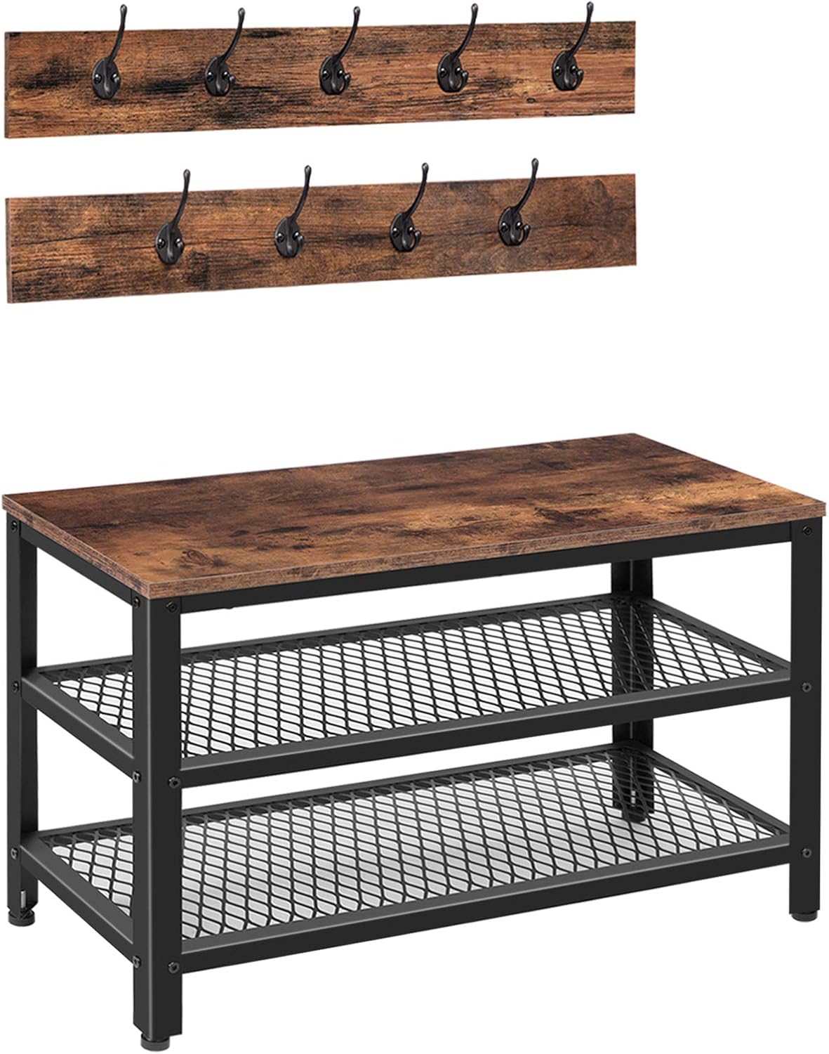 HOOBRO Shoe Rack with Coat Rack Hanger, Hall Tree, Coat Stand Bench Set including 9 Hooks and Shelf, Multifunctional