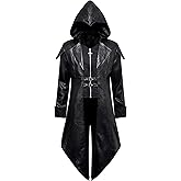 ZNZHKR Men's Steampunk PU Leather Jacket with Hood - Gothic Victorian Vampire Coat Medieval Adjustable Tailcoat Gear