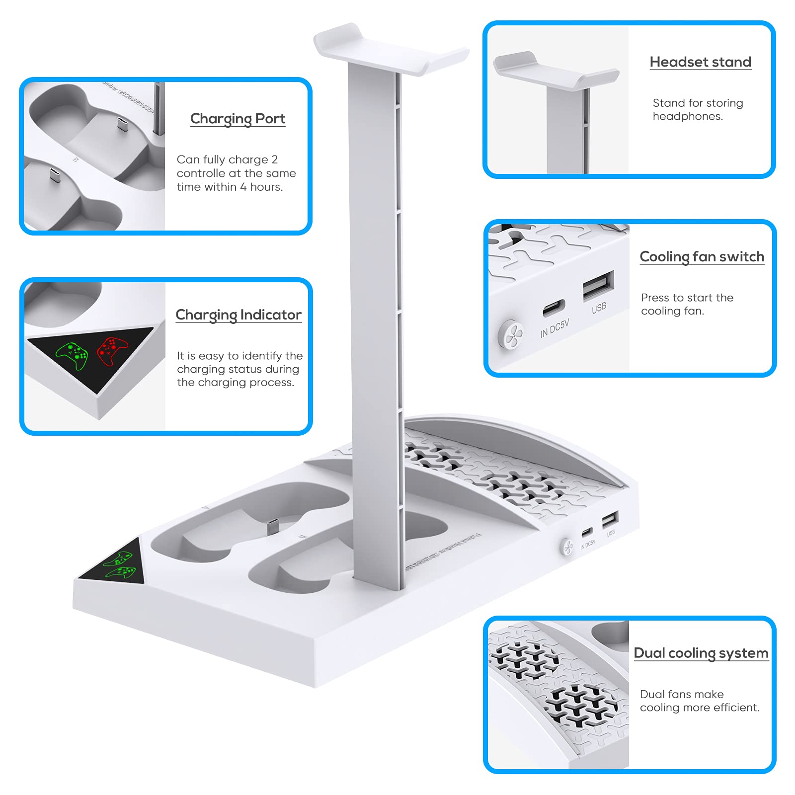 YUANHOT Vertical Cooling Stand Charging Station for Xbox Series S Console and Controller, Dual Fan Cooling System for Xbox Series S Accessories with 2Pack 1400mAh Rechargeable Battery, Headset Holder