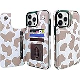 TopPerfekt Flip Leather Wallet Case Card Holder Compatible with iPhone 13 and 14 6.1" Women and Girls with Card Holder Kickstand Double Magnetic Clasp Brown Cow Pattern