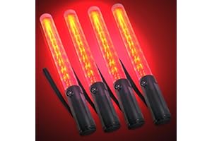ELLUMIN 4 Pack Traffic Wand, 14-inch Red Traffic Control Baton with 3 Flashing Modes, Night Safety Signal LED Wand with White LED on Top for Airport Marshaling, Parking, Car Directing.（Red, 4 Pack