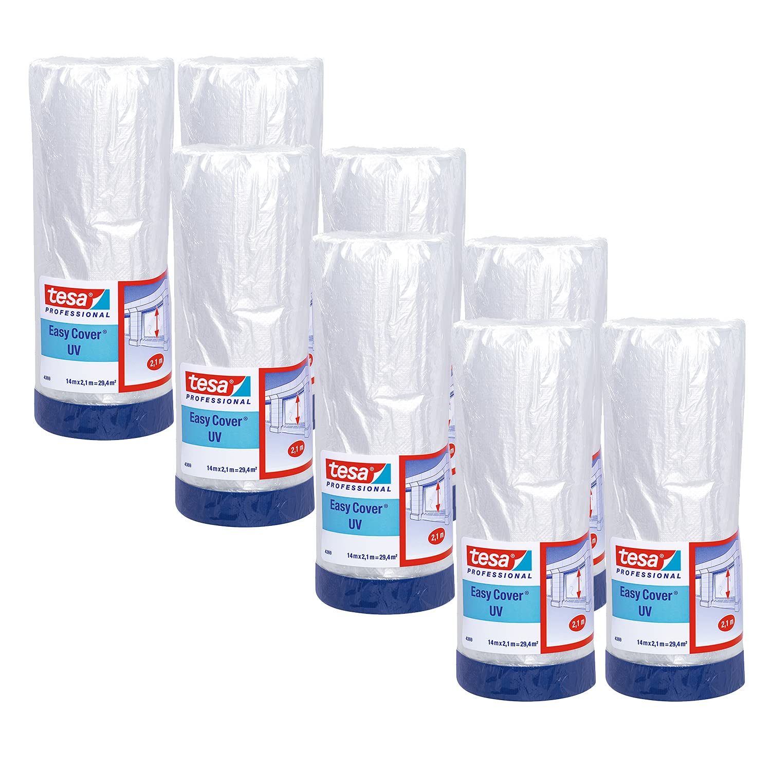 tesa Easy Cover 4369 UV - Pack of 8 - Painter's Film with Fabric Tape for Masking and Covering Outdoor Use - 2-in-1 Masking Tape with Film - Blue/Matte - 14 m x 2.1 m