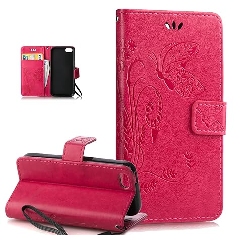 Kompatibel mit iPhone 5C Hülle,iPhone 5C Lederhülle,Prägung Groß Schmetterling Blumen PU Lederhülle Flip Hülle Cover Ständer 