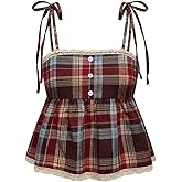 MakeMeChic Women's Plaid Lace Tank Tops Bow Tie Shoulder Shirred Sleeveless Vintage Y2k Cute Top