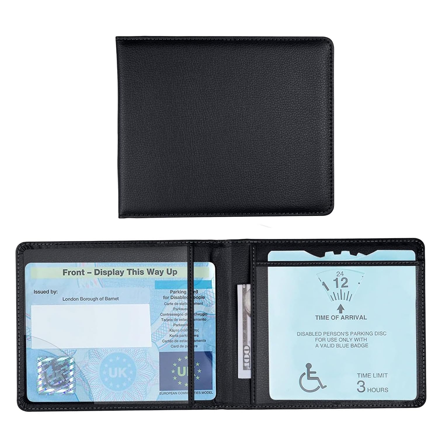 Empty Disabled Badge Holder Wallet for Car Leather Disabled Blue Badge Holder Protector for Bus Pass Holder, ID Card Holder, Parking Permit Holder Disability Badge and Timer Holder Bag (Black)