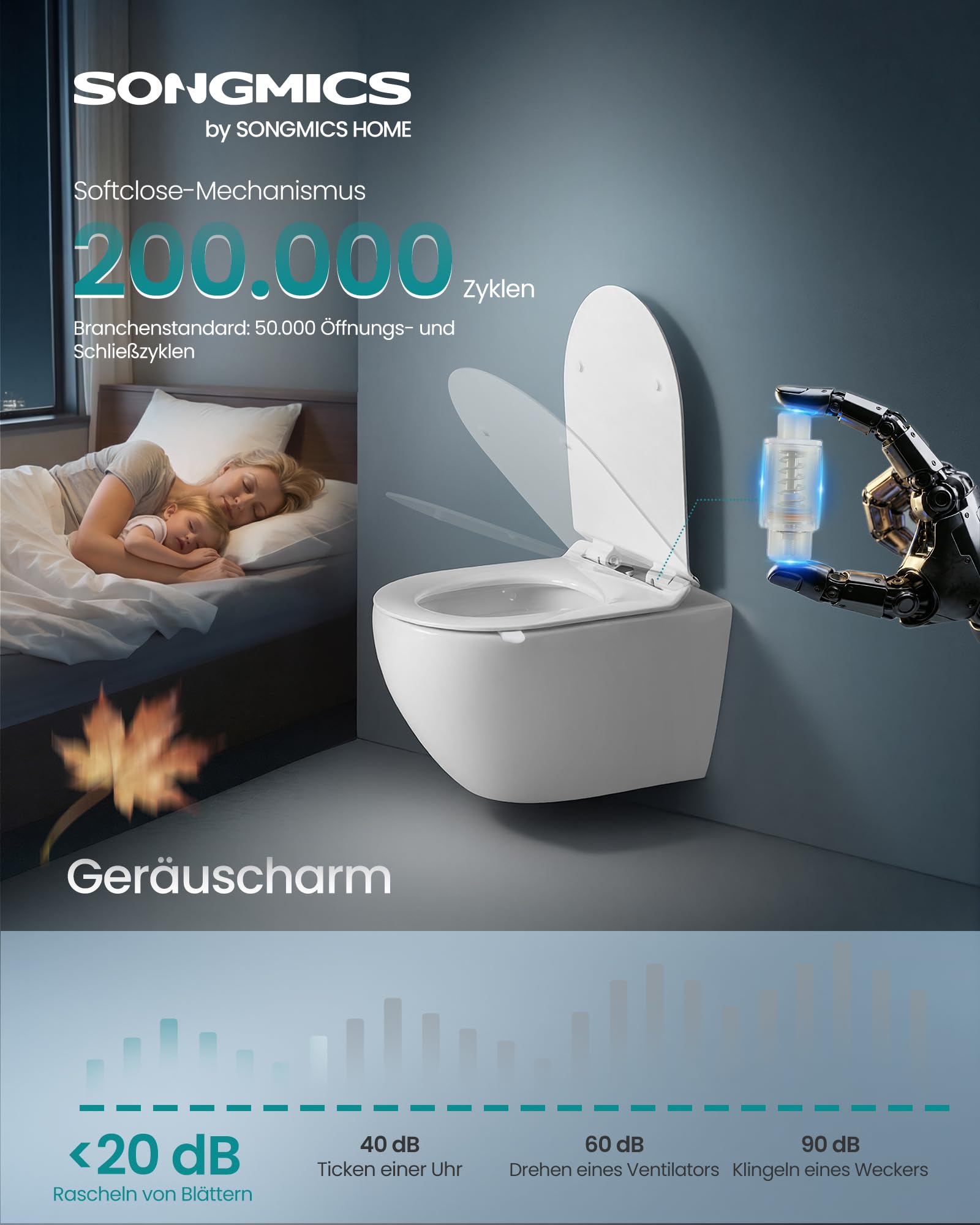 SONGMICS Toilettendeckel, lange D-Form, WC-Sitz mit Absenkautomatik, Toilettensitz schnell abnehmbar, Klodeckel einfache Montage, WC-Deckel Urea-Duroplast, bis 300 kg belastbar, weiß BTL102WZ01 4