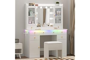 Wodeer Vanity Desk with Mirror and Lights, 43" White Makeup Vanity Set with 5 Drawers & Glass Cabinets, Storage Stool, Power Outlet & Adjustable LED Lights, Dressing Table for Women & Girls Bedroom