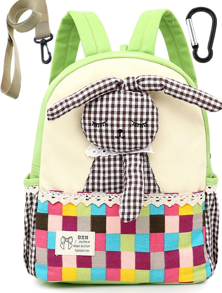 Canvas Small Toddler Kids Backpack with Leash Daycare Rabbit Boy Neutral (Green)