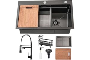 WUPSTE Gunmetal Black Kitchen Sink 30 Inch Modern Stainless Steel Drop in kitchen Sink Workstation Scratch Resistant Single Bowl Kitchen Sinks Farmhouse Deep with Faucet Combo