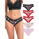 Morvia 5pcs Sexy Women Contrast Lace Hipster Panties Valentine's Day Allover Print Bikinis Underwear