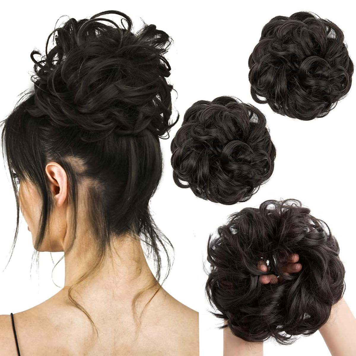 2 Pieces Messy Hair Buns Extensions Curly Elastic Easy Scrunchies for Women Girls Large Synthetic Donut Updo Hair Chignons Natural black — image 1
