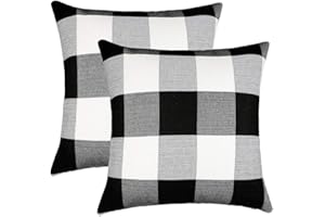 4TH Emotion Set of 2 Farmhouse Buffalo Check Plaid Throw Pillow Covers Cushion Case Polyester Linen for Fall Home Decor Black and White, 18 x 18 Inches