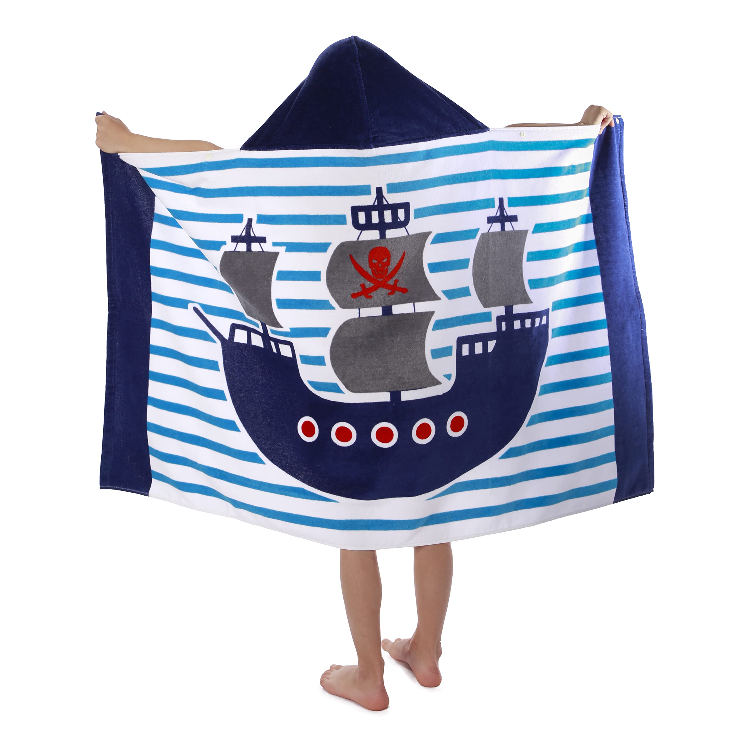 Fewlby Boys Hooded Beach Bath Towel, 100% Cotton Bathrobe Kids Cartoon Hooded Bath Blanket Swimming Towel Surfing Poncho, 30"*50", Pirate Ship