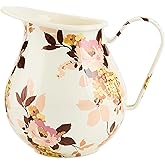 MACKENZIE-CHILDS Enamel Pitcher with Spout, Cute Water Pitcher, 3 Quarts, Wild Rose White