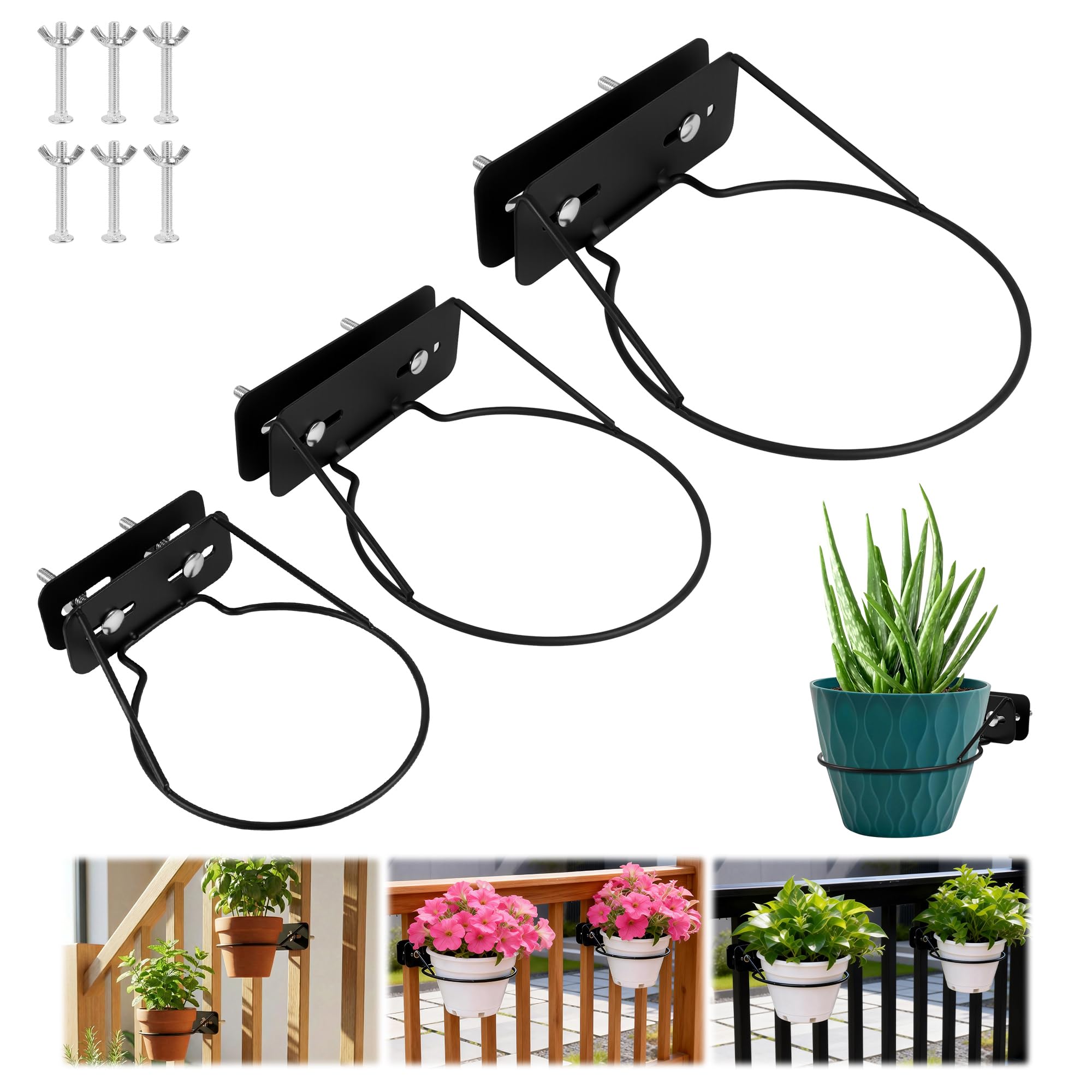 Photo 1 of Mytium Railscapes Plant Holder Between Rails - 3pc Heavy Duty Hanging Plant Holder Adjustable Width Rail Scapes for Plants Railings Metal Hanging Plant Pot Stand for Balcony Patio and Stair